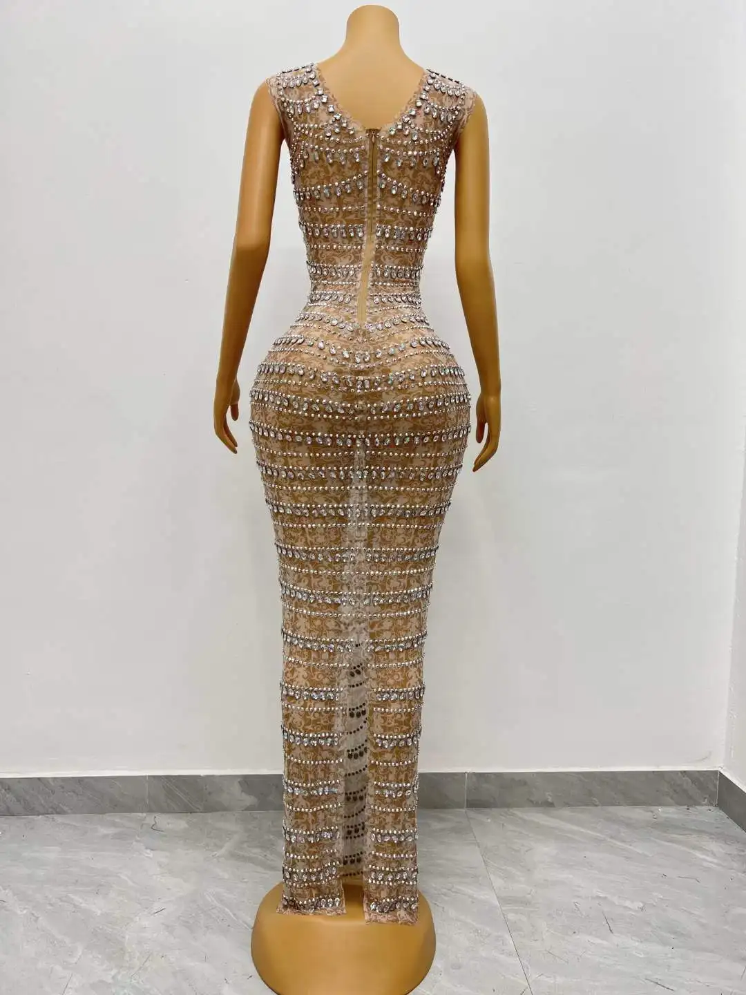 Kobiety bez rękawów seksowny Rhinestone świecący przezroczysty rozciągliwy urodziny królowa wieczorowy bal etap długa sukienka bogini stroje dla seniorów 2025