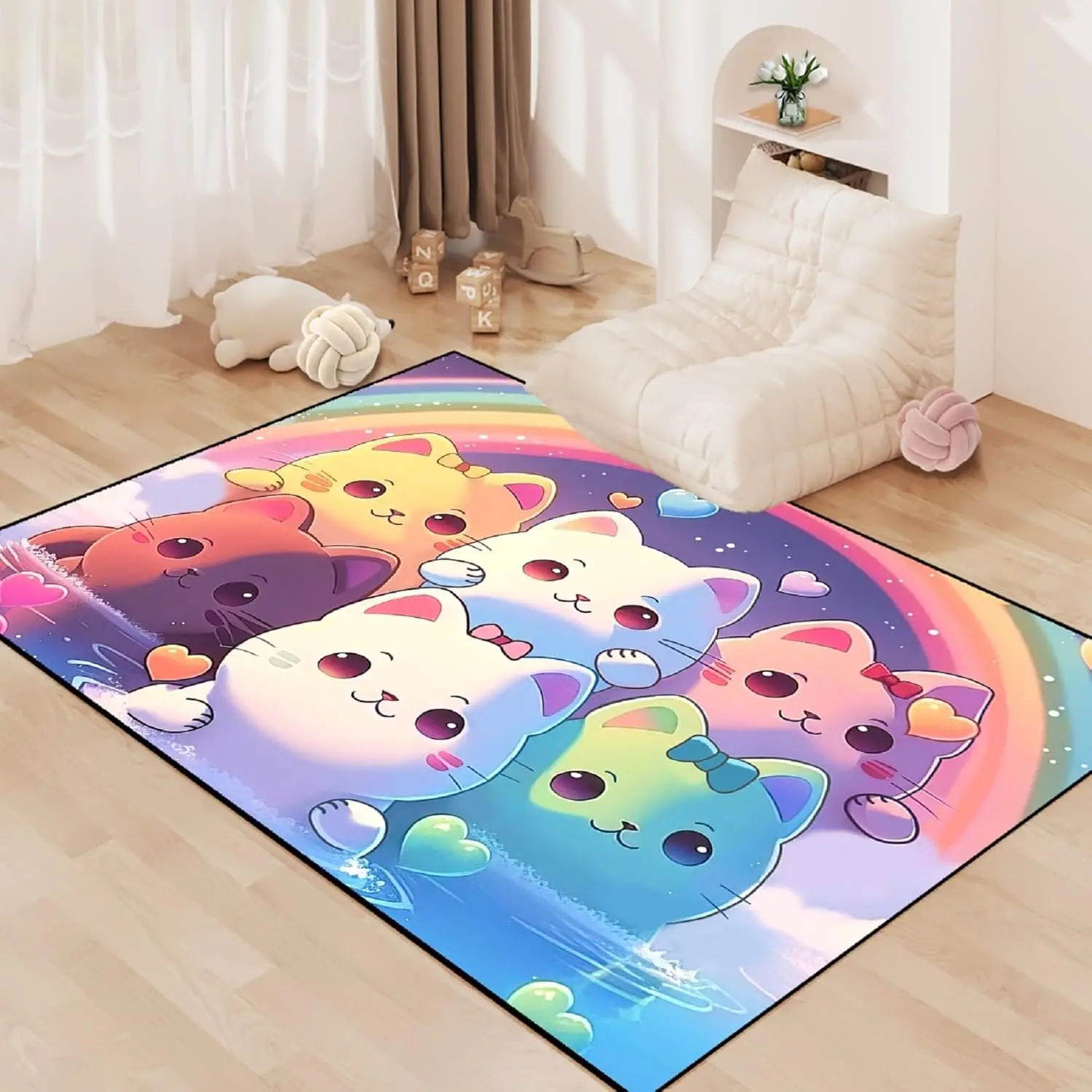 Cute Cartoon Rainbow Cat Area Rug with Colorful Kittens and Hearts Soft Non Slip Floor Mat for Kids Bedroom Playroom