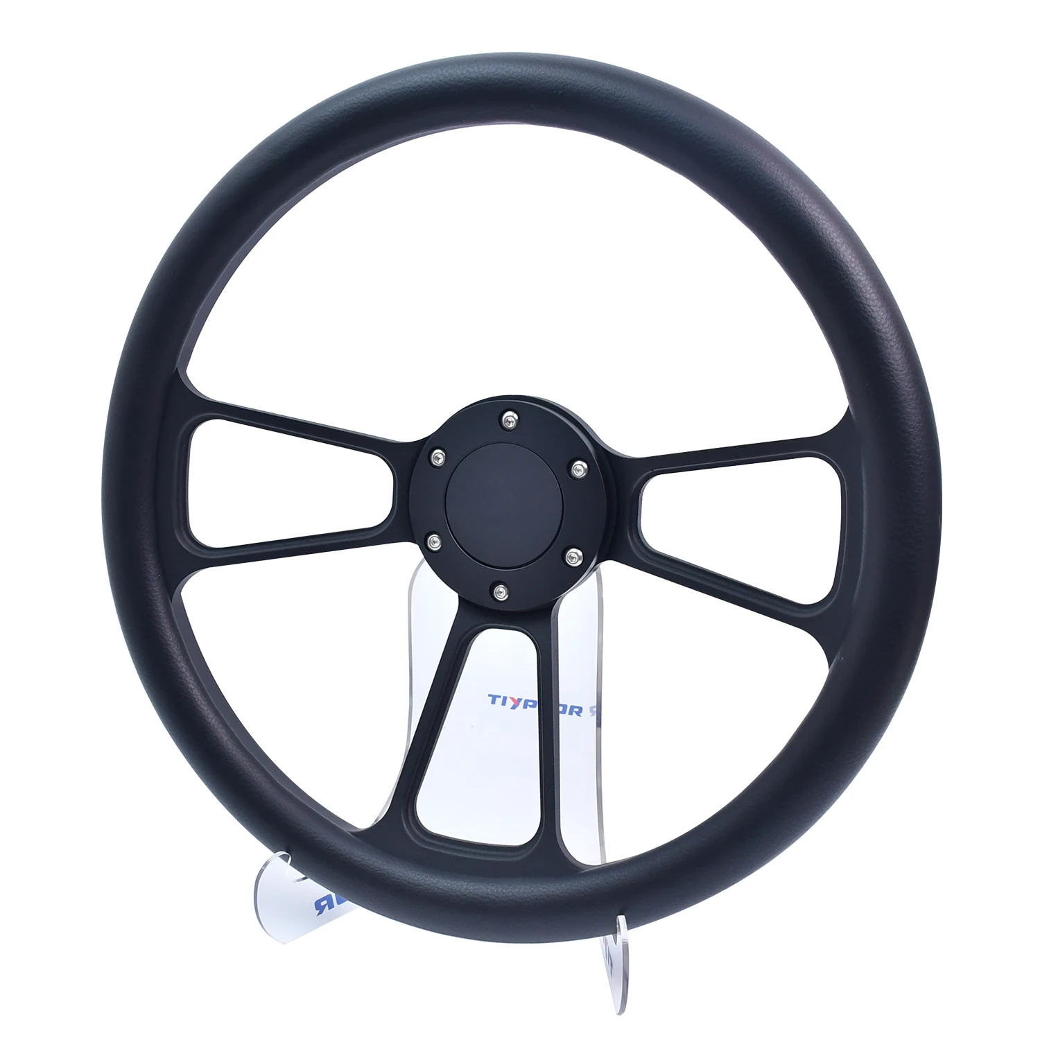 TIYPEOR Universal 350mm Leather and Iron Bracket Sandwich Three Spoke Bar Customizable Logo Car Truck Steering Wheel
