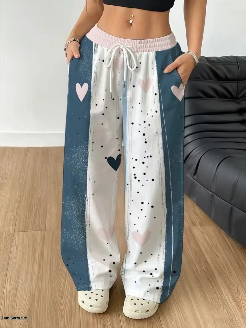 Fashion striped checkered printed pants, women's autumn new pocket drawstring sports pants