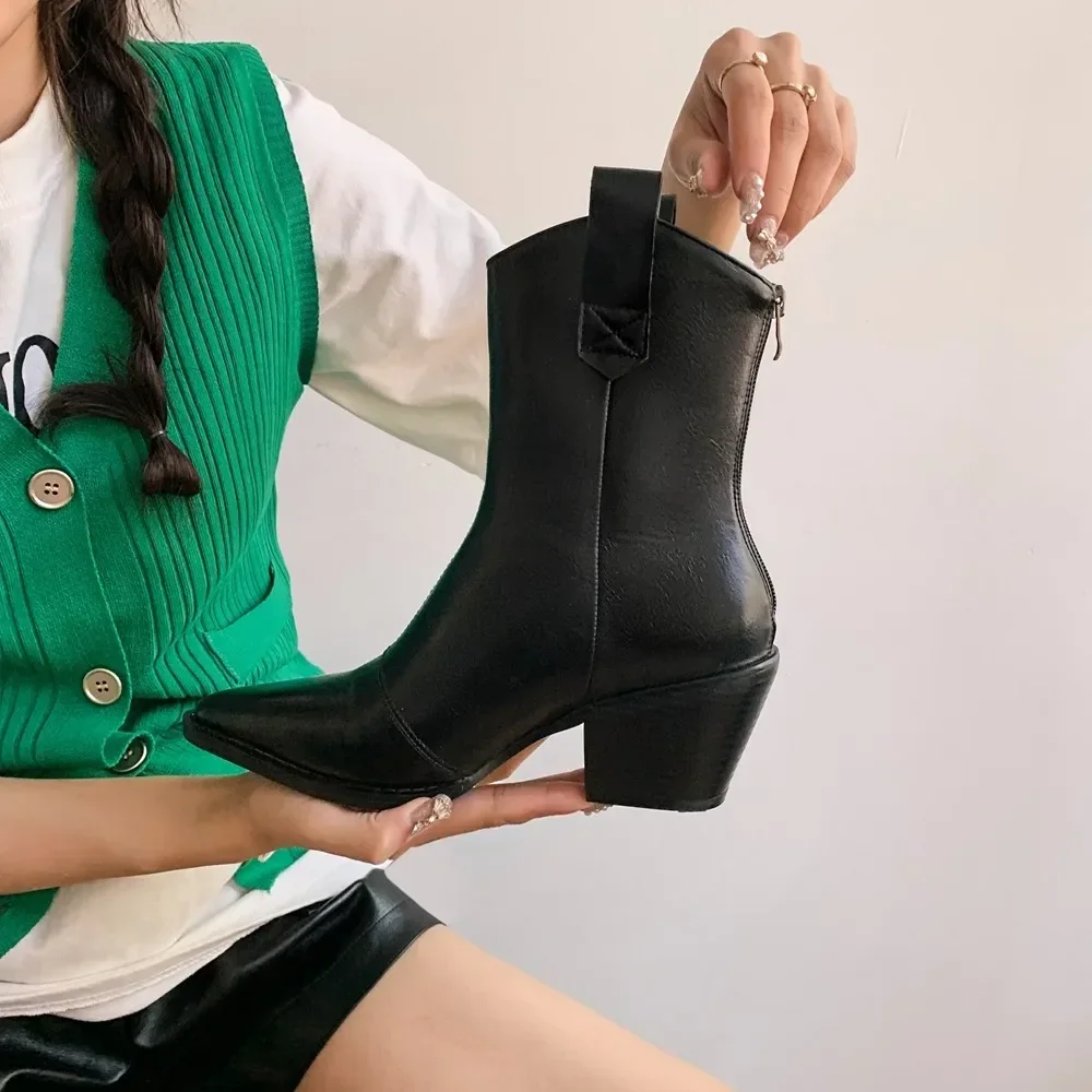 Plus Size 33-45 Autumn Pointed Toe Western Cowboy Boots Punk Chunky Ankle Boots Women Cossacks Booties Wedges Shoes Botas Mujer