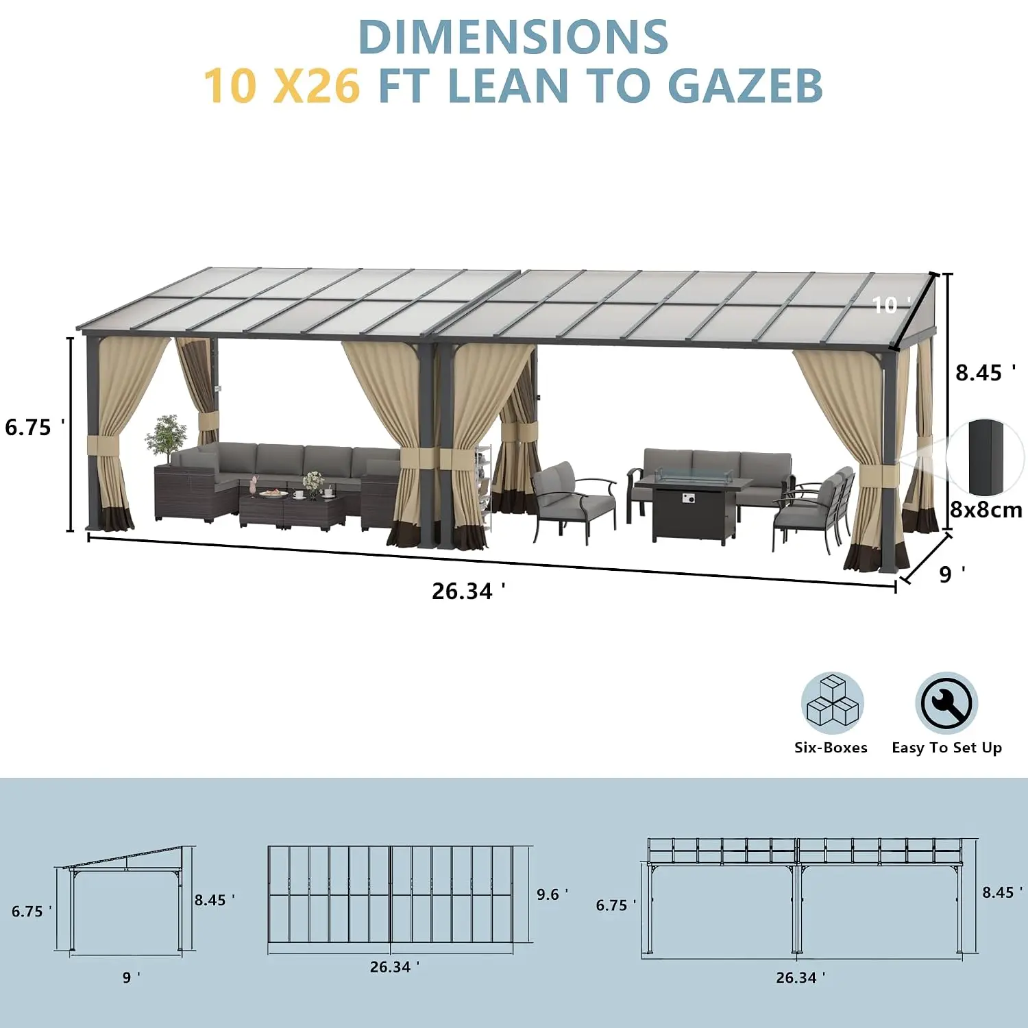 10’ x 26’ Wall Mount Gazebo Outdoor Pergola, Hardtop Lean to Gazebo Canopy Awnings with Sloped Roof and Sturdy Steel, Custom view 4
