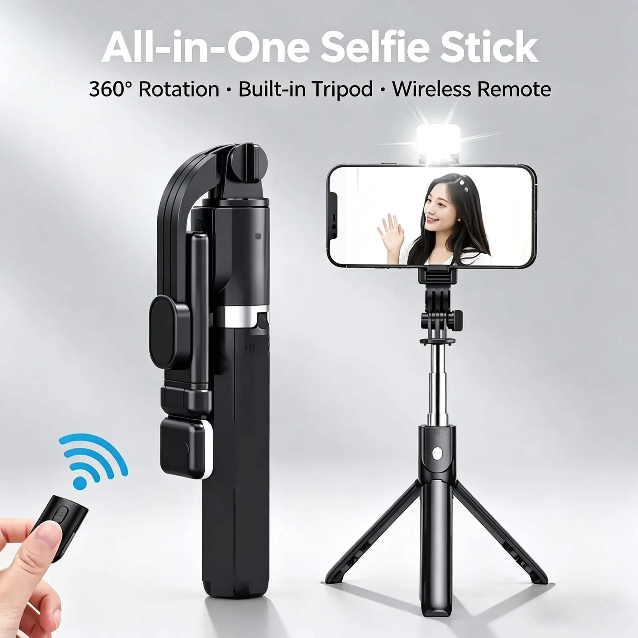 Trépied universel pour téléphone avec lumière d'appoint intégrée, déclencheur Bluetooth, support pliable pour selfie, idéal pour le vlogging, les portraits et la photographie