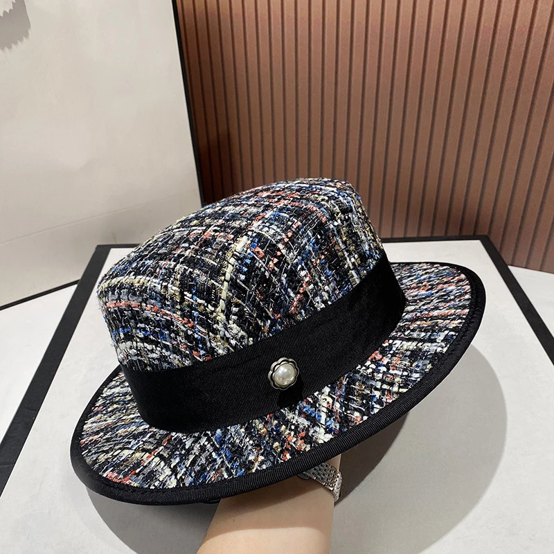 Chapeau haut de forme en tweed rose pour femme, style européen Player ite, perles délicates et élégantes, haut plat en jacquard, chapeau de fête à la mode