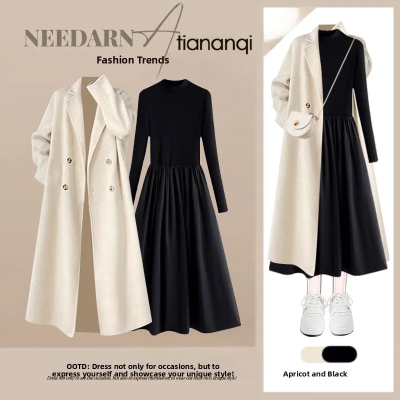 

Fashionable Korean Style Two-Piece Set Long Dress And Coat Autumn New Arrival Anti-Aging Versatile Ensemble Elegant Ladylike