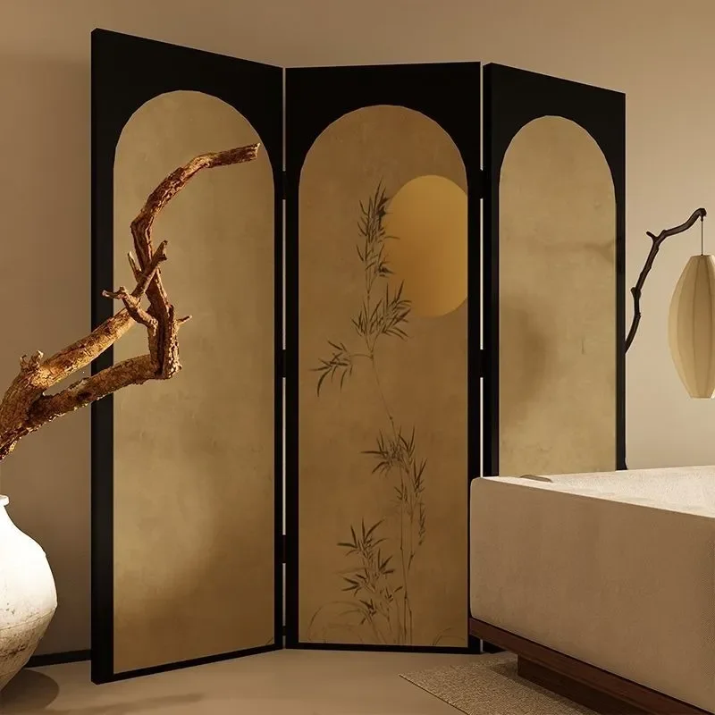 New Chinese Style Folding Bamboo Screen Movable Room Divider for Living Room Entrance Tea Room Bedroom Bedside Moon Design