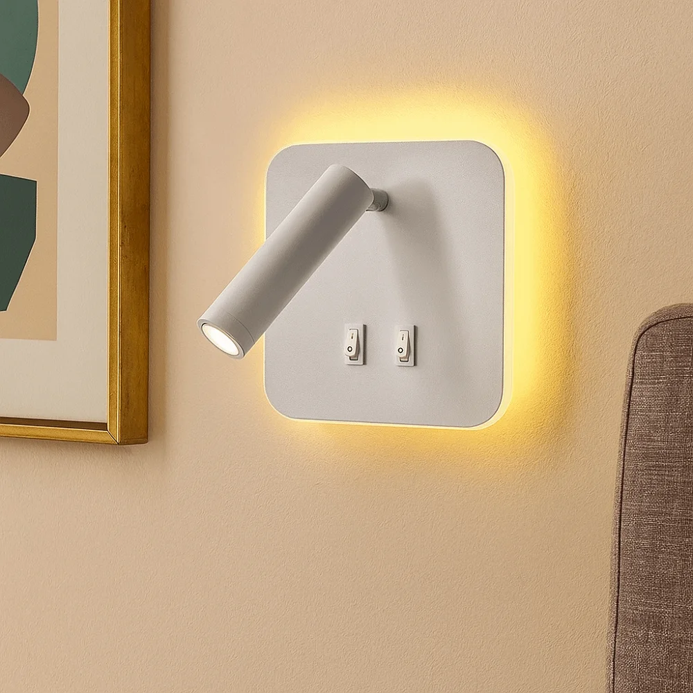 Luz LED de pared con interruptor doble, luz giratoria cuadrada de 350 grados, iluminación de ambiente regulable montada en la pared, atmósfera de pared