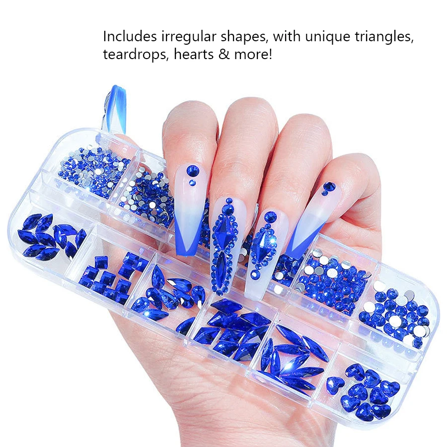 12-Fächer-Box mit mehrfarbigen Flachrücken-Strasssteinen, Kristall-Edelsteinen, 3D-Glitzer-Nagelkunst-Dekorationen, luxuriöse Nagelkunst-Zubehörteile – Detail 4