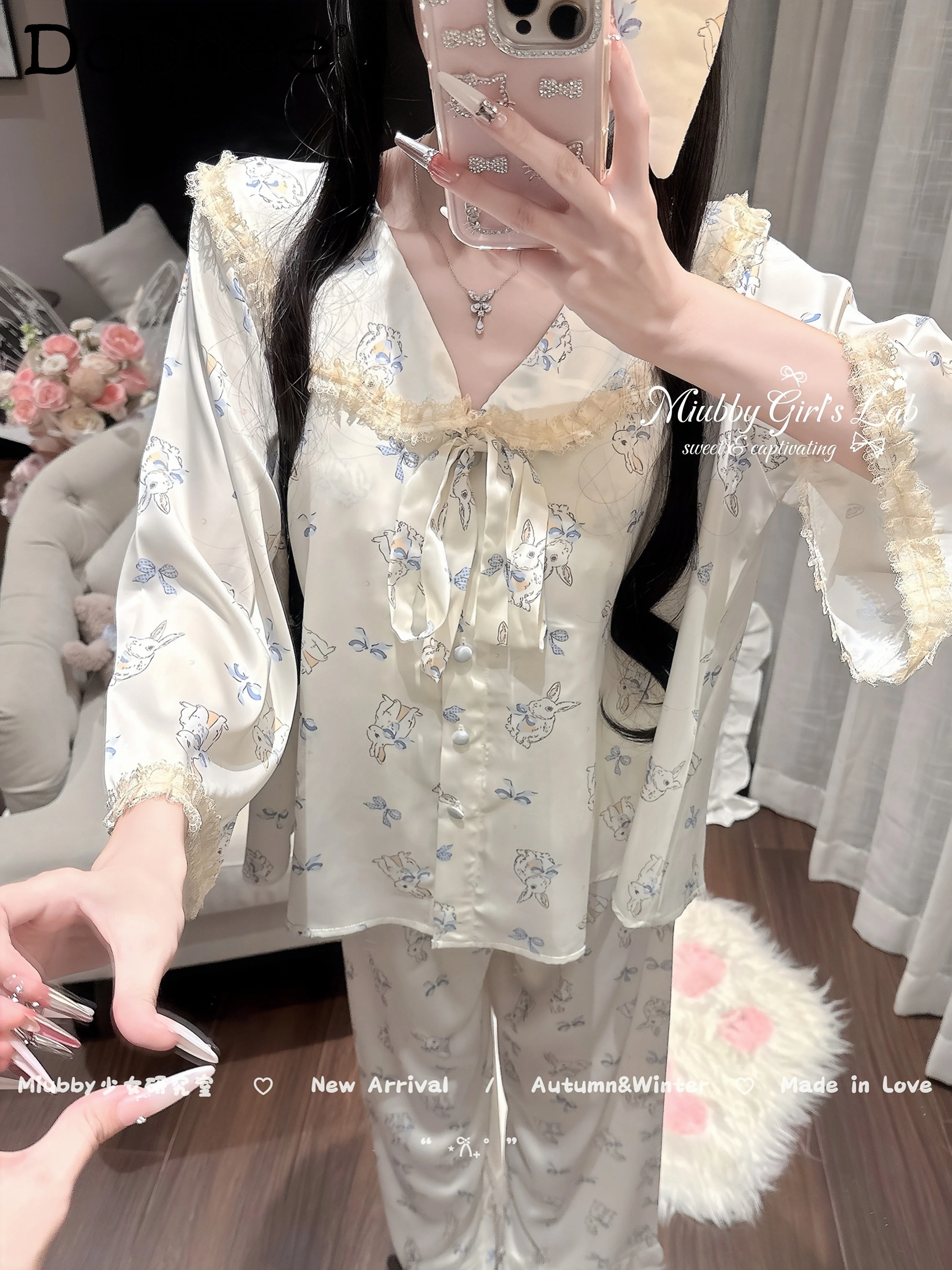 

Japanese Style Ins Sweet Cartoon Print Long Sleeve Pajamas Spring and Autumn Ice Silk Homewear Casual Set for Women