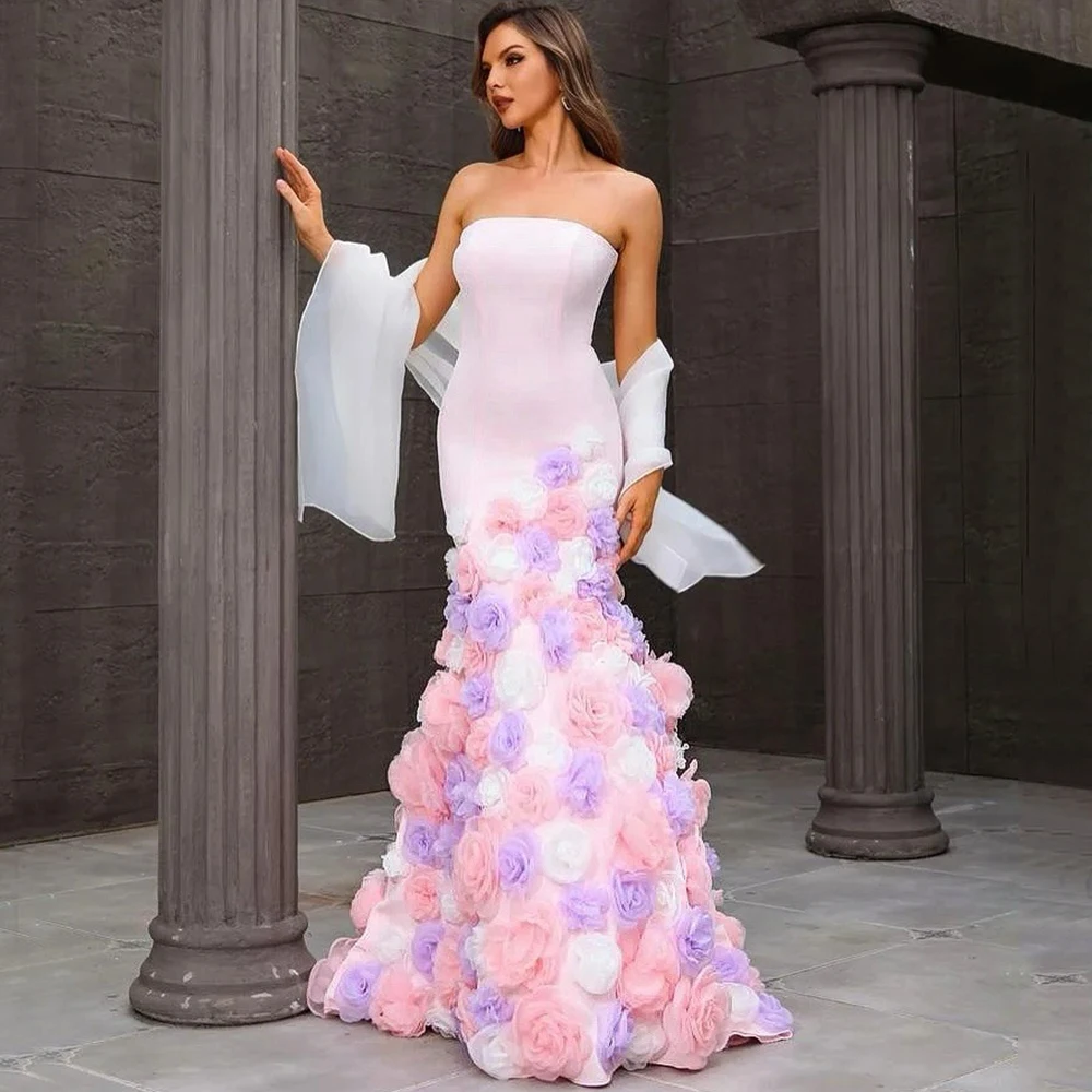 

Dream Strapless 3D Flower Evening Dress Classic Satin with Colorful Handmade Floral Mermaid Customized Floor Length Party Gown