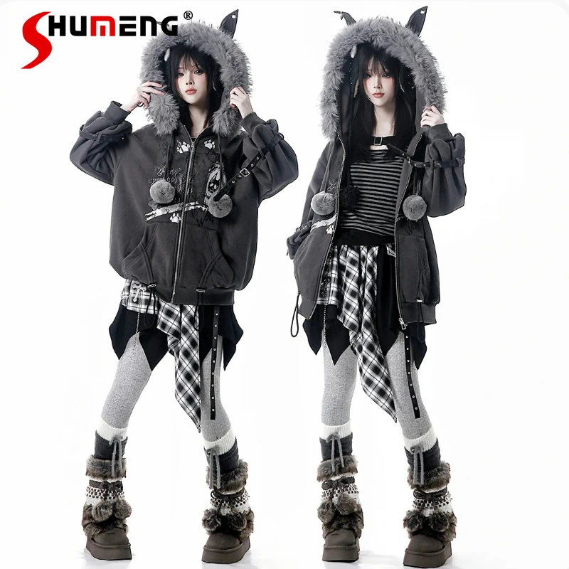 

Original Student Sweet Cool Fashion Hooded Jacket Autumn Winter New 2025 Girl's Punk Warm Thickened Short Coat Skirt Striped Top