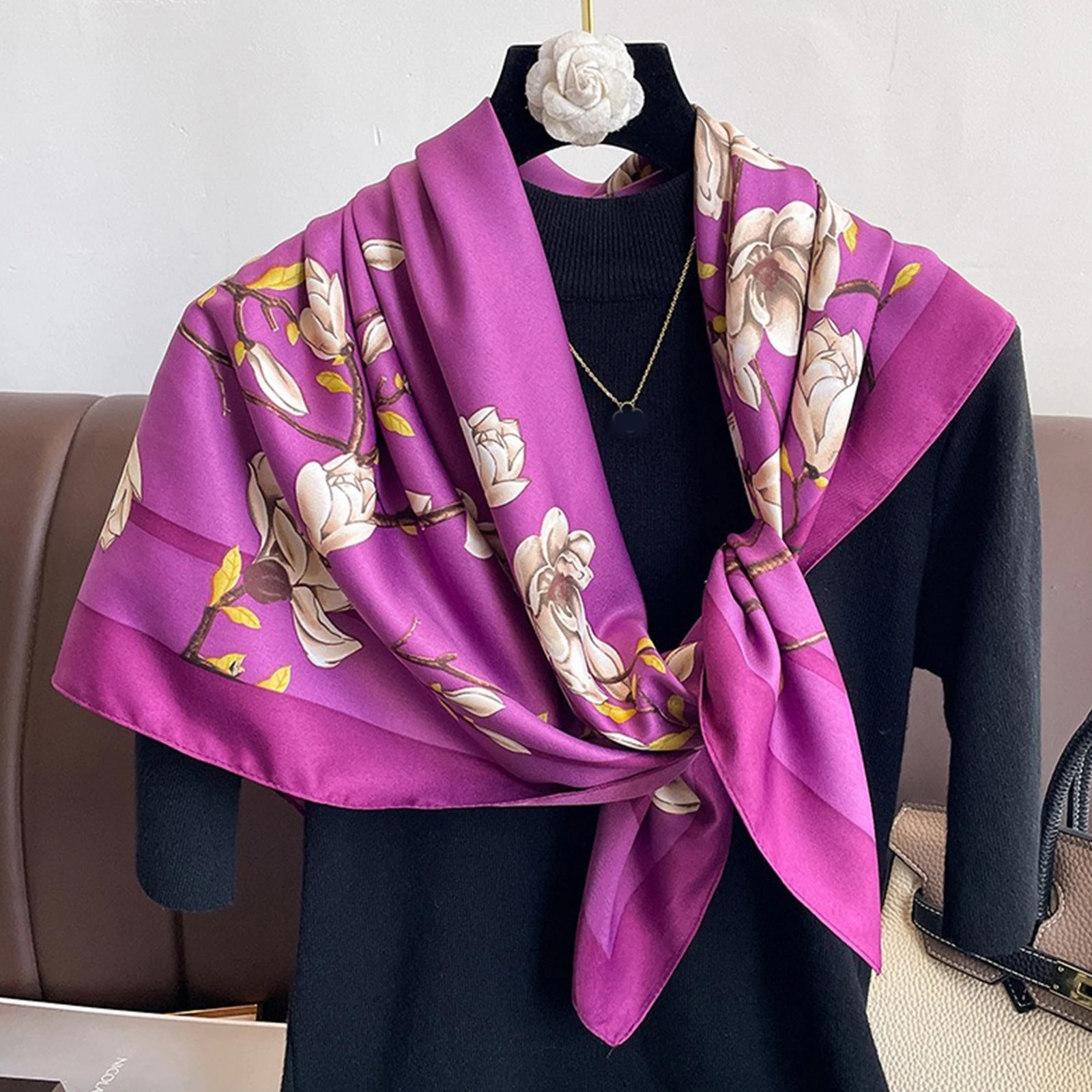 90*90cm Elegant Celebrity Plant Peony Flower Silk Scarves Fashion Women Headscarf Large Square foullard Muslim bandanna muffler