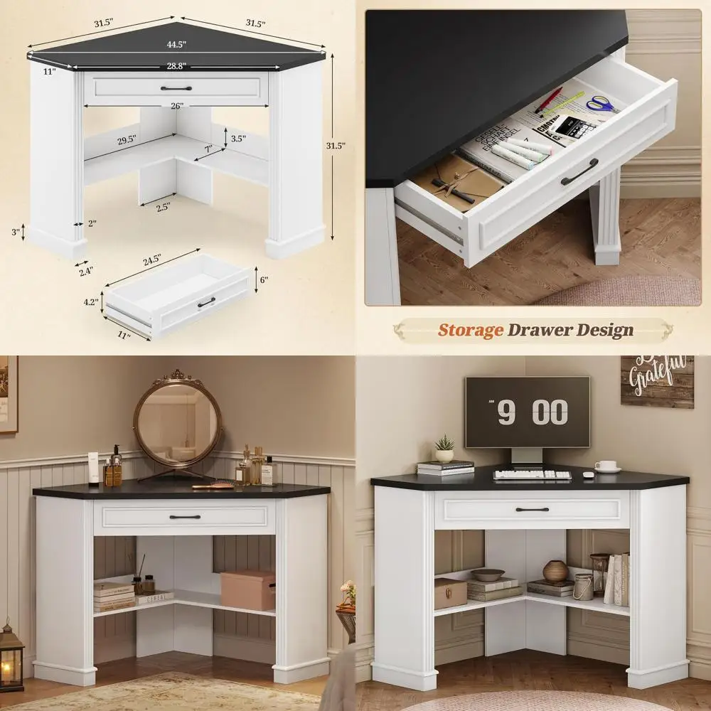 

31.5 White Compact Desk with Drawer and Storage for Home Office, Living Room or Bedroom