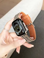 Houndstooth Canvas Leather Strap for Apple Watch Band 49Ultra 40/44mm 1 2 3 4 5 6 7 8 Wristband for Iwatch 38/42/41/45mm Correa