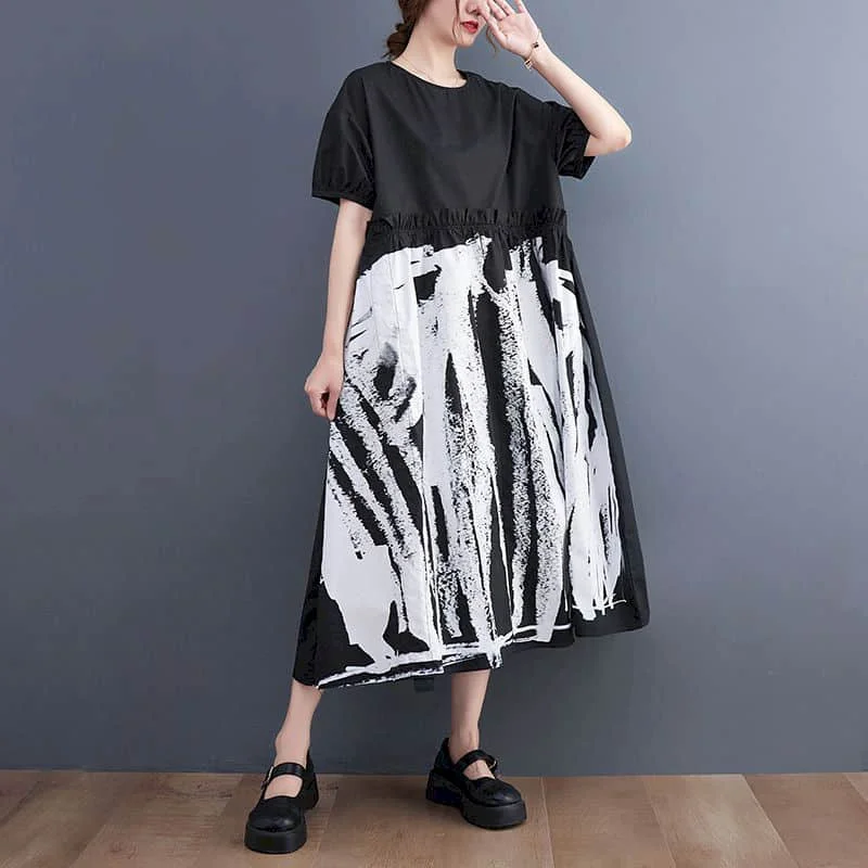 Dress Women Contrasting Colors Striped Short Sleeve Korean Style Summer Loose Mid Length Literary O-neck Dress Women Clothing