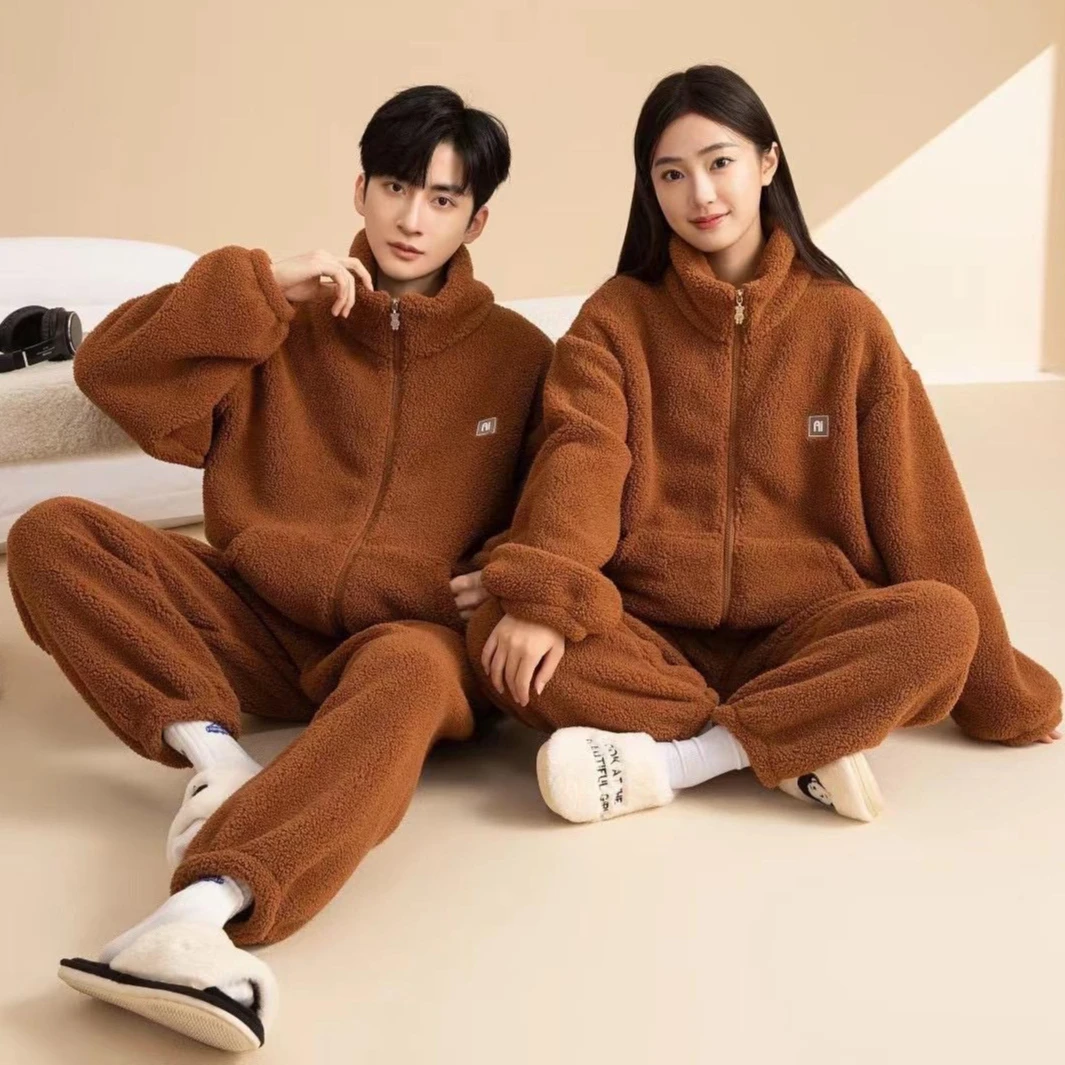 Winter Men's Pajamas Coral Fleece Comfortable Casual Indoor Home Wear Thickened Zipper Thermal Cardigan Pajamas 2 Piece Sets