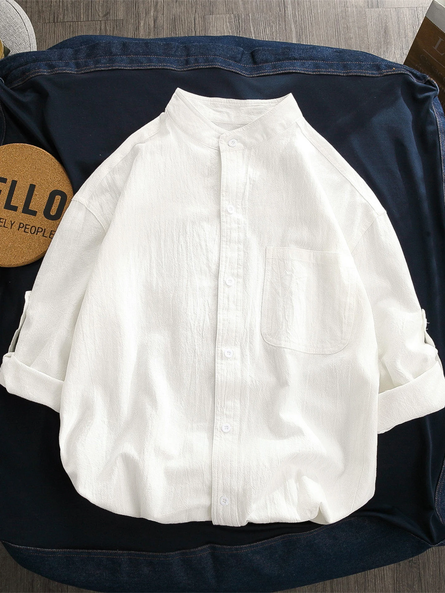 

New Chinese Style Men's Casual Cotton Shirt Summer Seven-Foot Sleeve Stand Collar White Shirt Short Sleeve Large Size