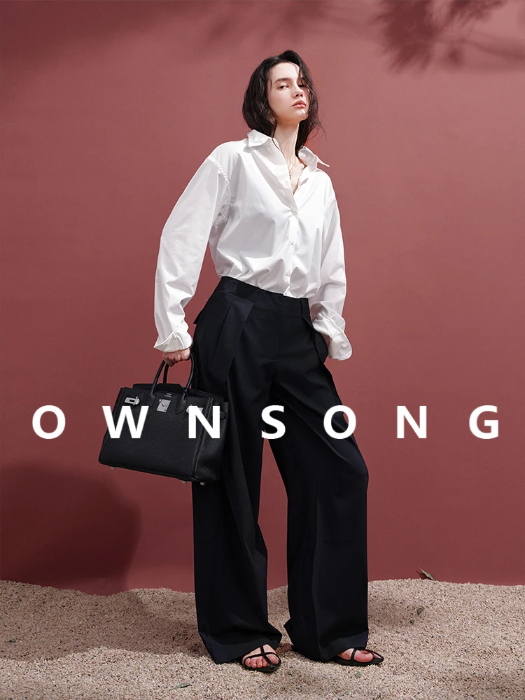 

Ultra-Thin Draped Bla Commuter Women's Straight Leg Pants High Waist Wool Long Trousers Ele Busin Casual Wool Blend