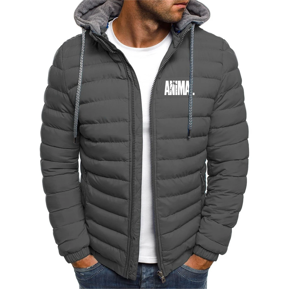 The hat is Detachable Premium Coat 2026 Autumn Winter Men's Animal Letter GYM Logo Print Cold Protection Cotton-padded Jacket