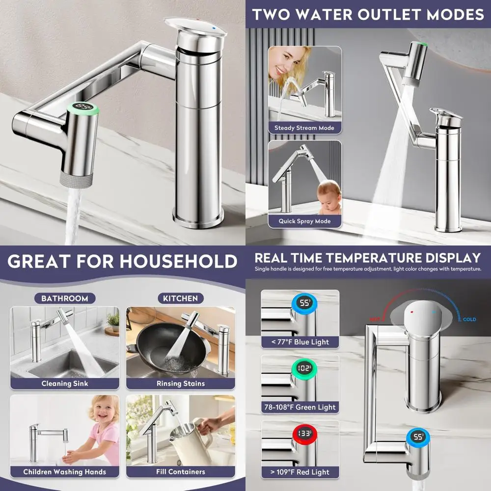 

Temperature Display Adjustable Height Single Lever Bathroom Sink Faucet with 1080° Rotation for Vanity