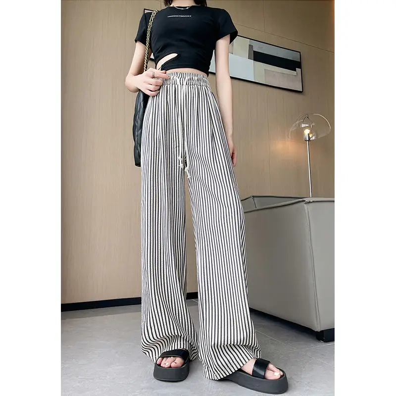 Women's wide leg elasticated trousers, casual, striped print, patchwork, strap, straight barrel, new for summer