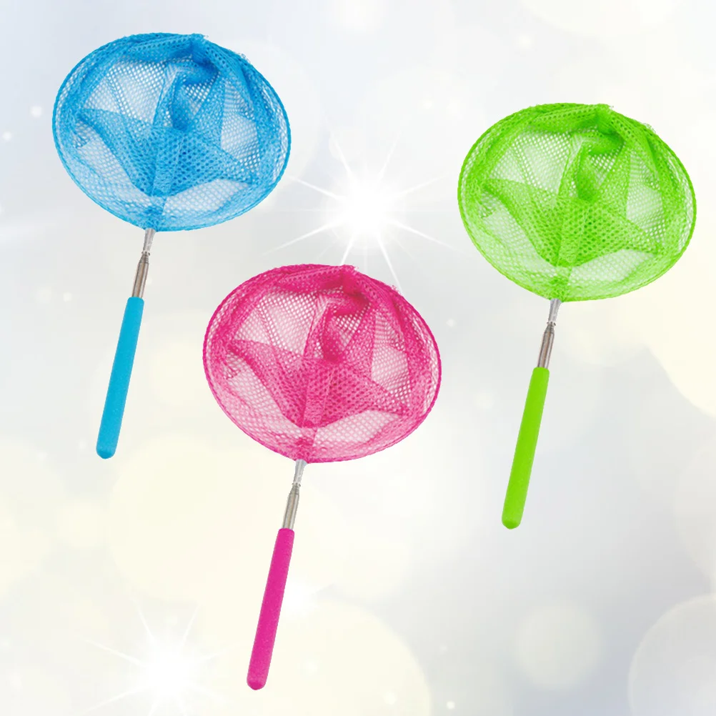 3 pçs rede de captura de peixes crianças alça telescópica rede de pesca de aço inoxidável malha fina dobrável rosa verde azul redes para crianças