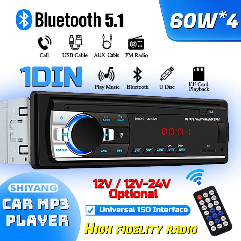 

(Factory Direct Sales) Car Mp3 Bluetooth Player LED Stereo 60W * 4 12v/24v Car Truck Usb/Tf/Fm/Aux High Fidelity Audio Radio