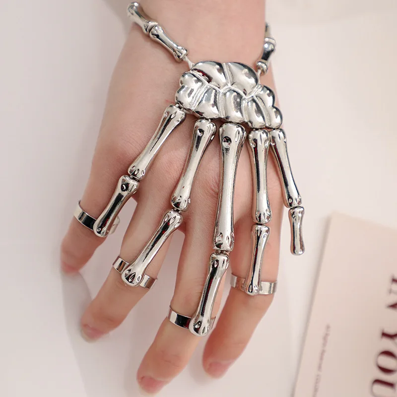 Punk Mechanical Bone Ring Dark Metal Full Finger Claw Unisex Skeleton Hand Bone Adjustable Bracelet Halloween Party Jewelry