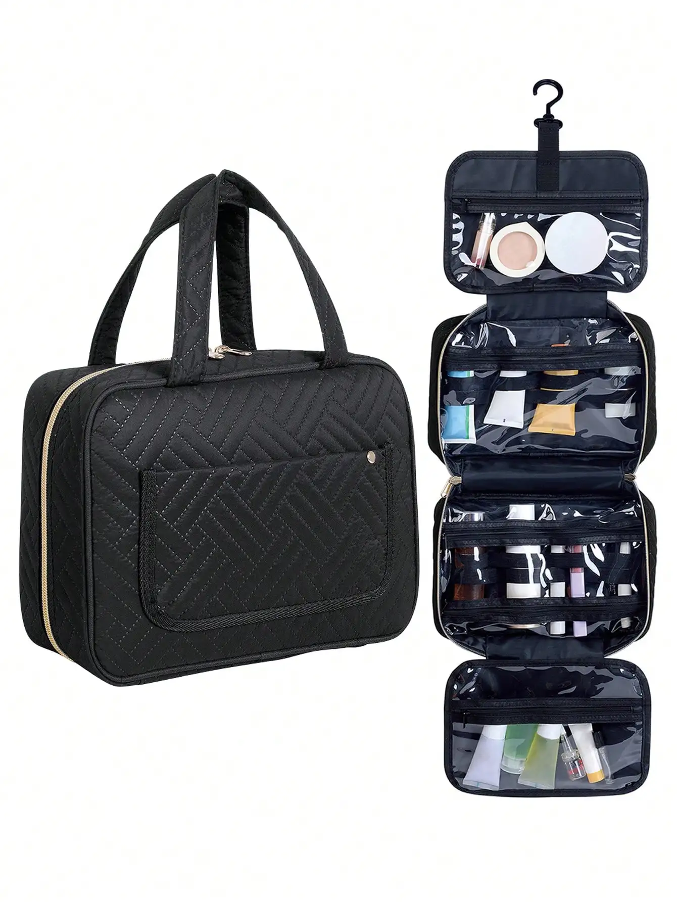Hanging Travel Toiletry Bag with Hook, Large Capacity Waterproof Makeup Organizer, Multi-Compartment Cosmetic Storage Bag for Travel Bathroom Gym, Black