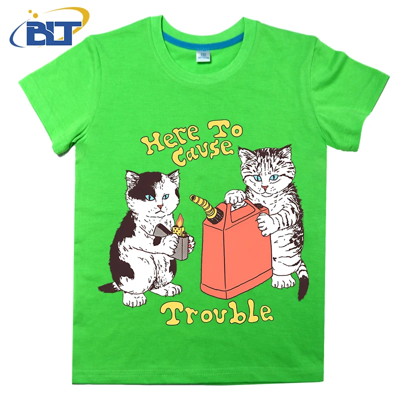 Here To Cause Trouble cat print kids T-shirt summer children's cotton short-sleeved casual tops for boys and girls