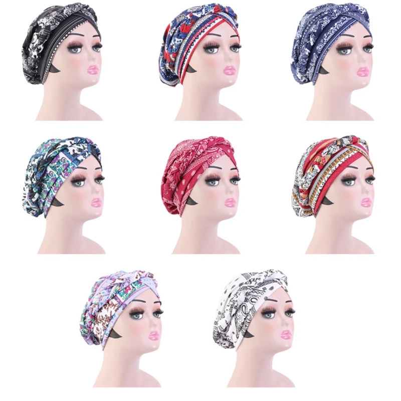 

Boho Caps Elastic Bouffant Turban Floral Printed Working Hats with Sweatband Unisex Tie Back Hats Hair Covers