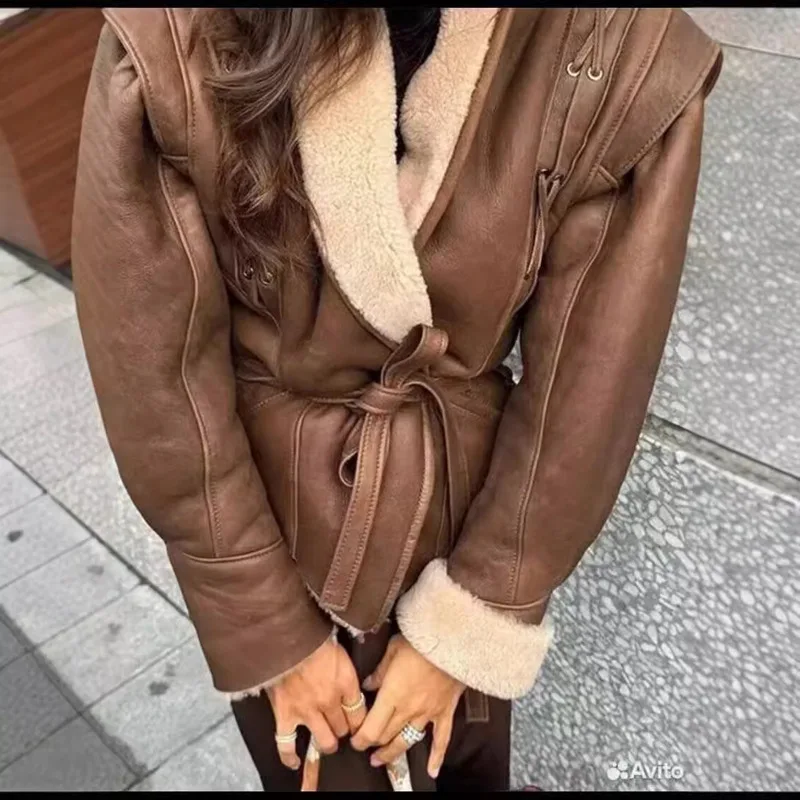 Sy 2024fashion Warm Furry Leather Woman Jacket With Belt Chic Lapel Long Sleeve Motorcycle Coat Lady Winter High Outerwear