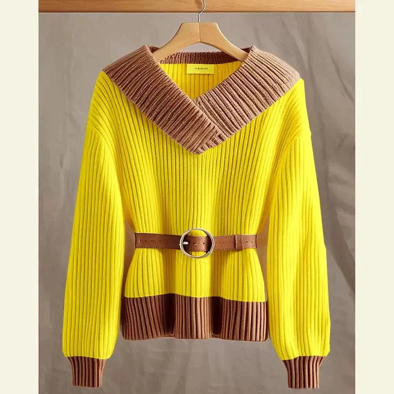 

High-End V Collar Sweater Women Spring Autumn Winter New Emperament Korean Style Splicing Knitted Top Women Knitwear Pullover