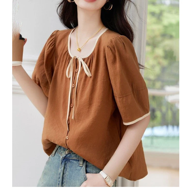 موضة س الرقبة تقسم الكورية الدانتيل يصل القوس القمصان الملابس النسائية 2025 صيف جديد فضفاض بلون كل مباراة بلايز بلوزات غير رسمية