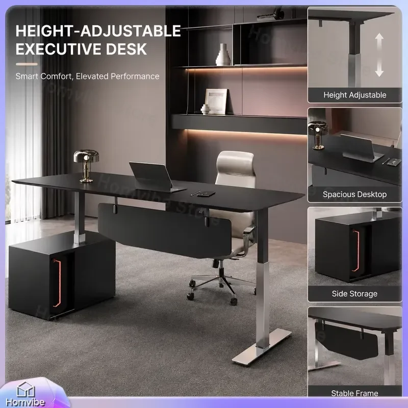 Matte Black Height Adjustable Desk Standing Office Table with Left Storage Cabinet Ergonomic Computer Workstation