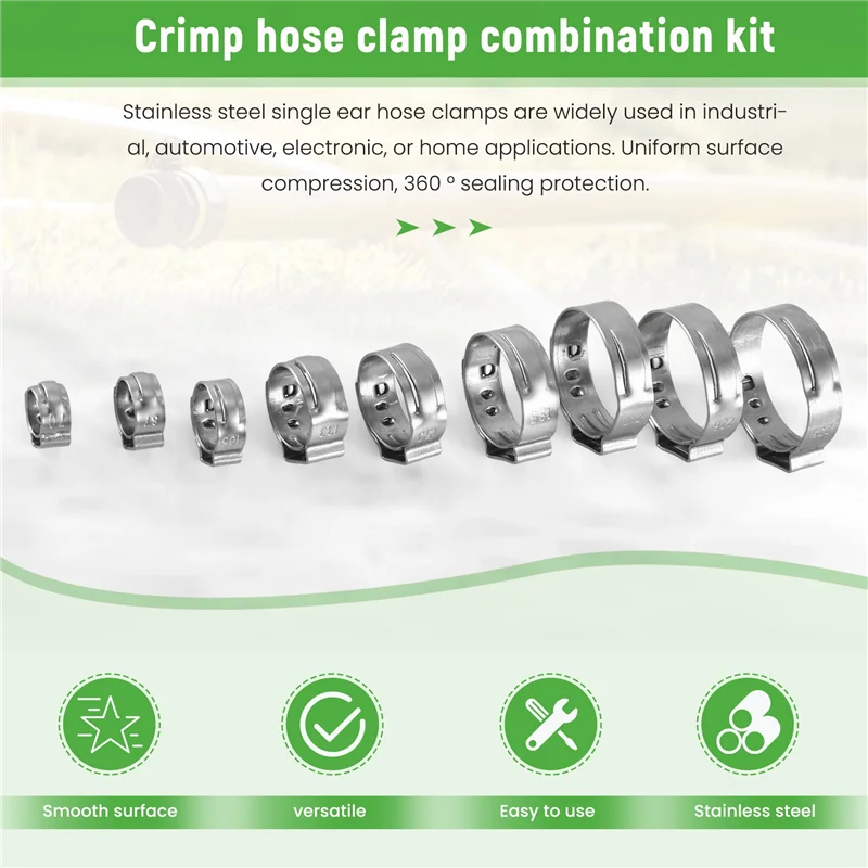 

ABBY-Stainless Steel Single Ear Hose Clamp, 80Pcs 6-23.6Mm Crimp Hose Clamp Assortment Kit Ear Stepless Cinch Rings Crimp Pinch
