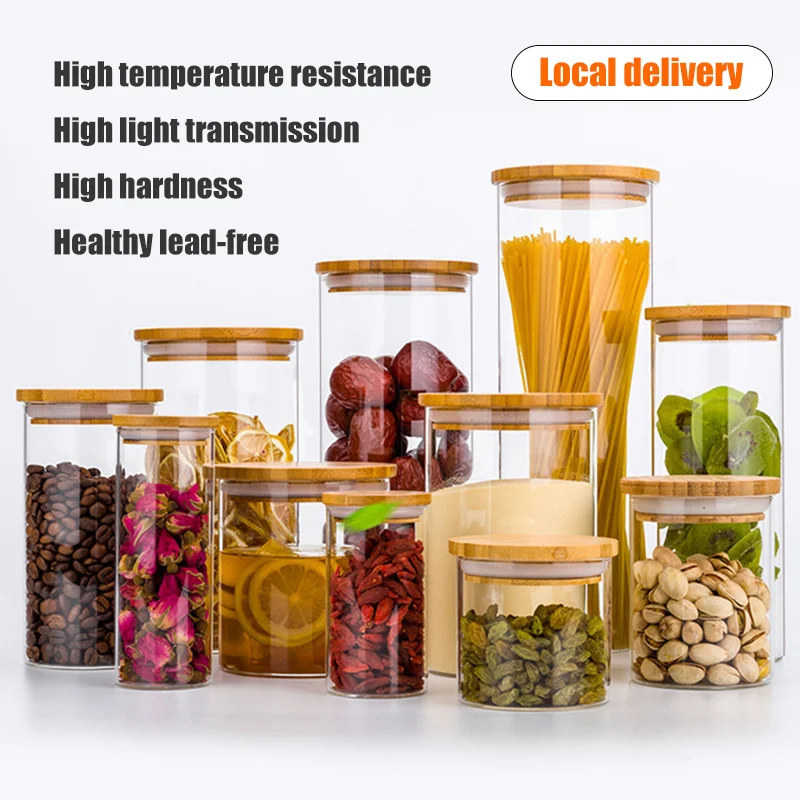 Transparent Glass Jars with Bamboo Cover, Kitchen Food Storage, Sealed Cans, Bottles, Spice Jars, Candy Box