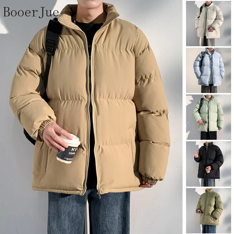 Men's Outdoor Camping Sports Winter Parkas Solid Color Windproof Zipper Outwer Stand Collar Padded Thickened Warm Jacket Coat