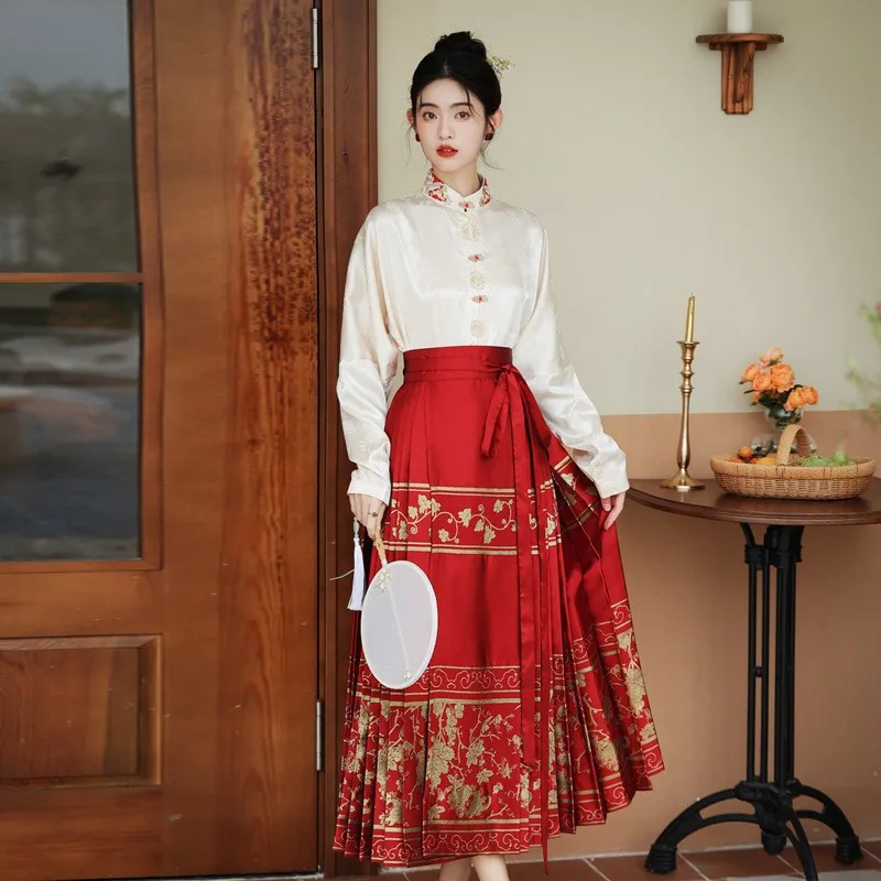 Красный комплект юбки Ming Dynas Sle с золотой вышивкой и хвостом, женский улучшенный традиционный китайский ханьфу для поездок на работу и...