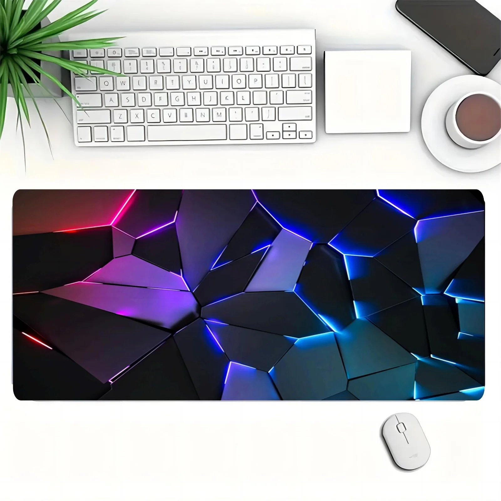 Abstract Neon Glow Fractured Crystal Extended Gaming Mouse Pad Large Non-Slip Rubber Desk Mat for Office Computer