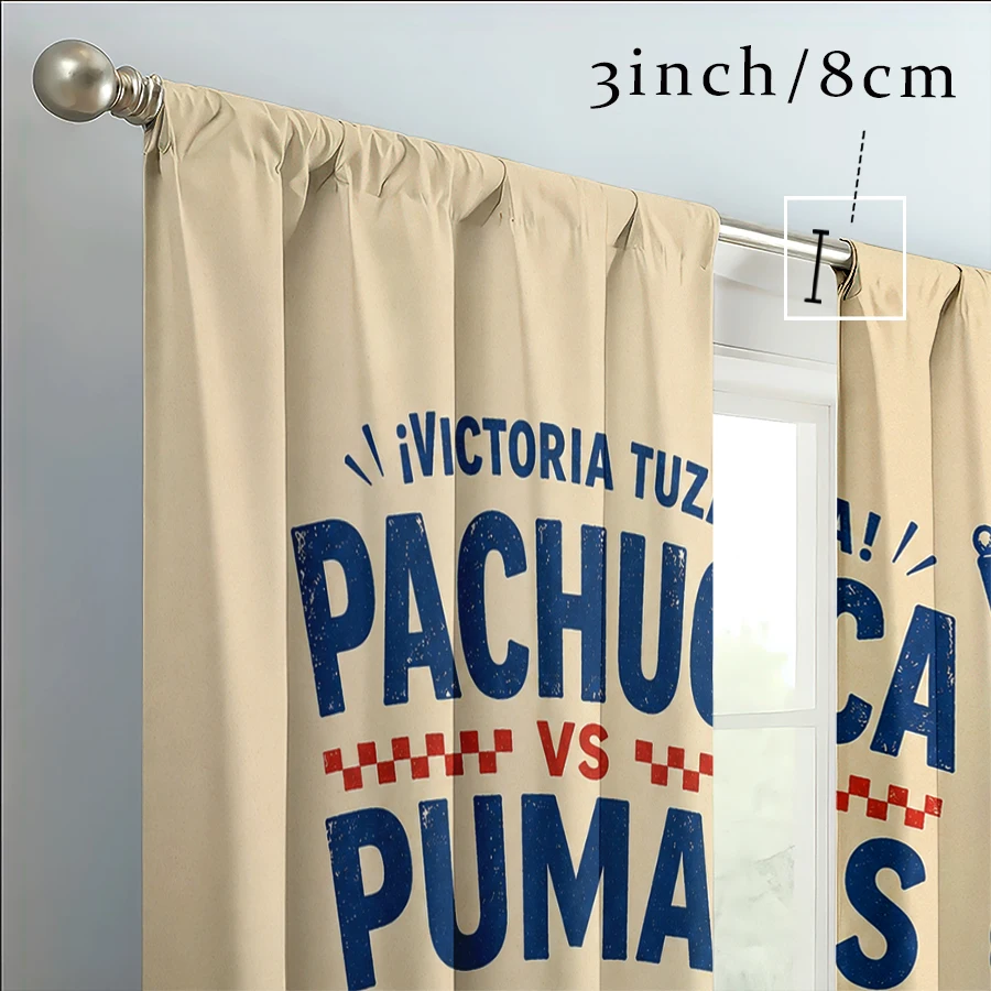 2PCS Curtains, Vintage Cartoon Pachuca Football Match Print with Soccer Player, Team Flag, Match Score, Stadium and Football Pat