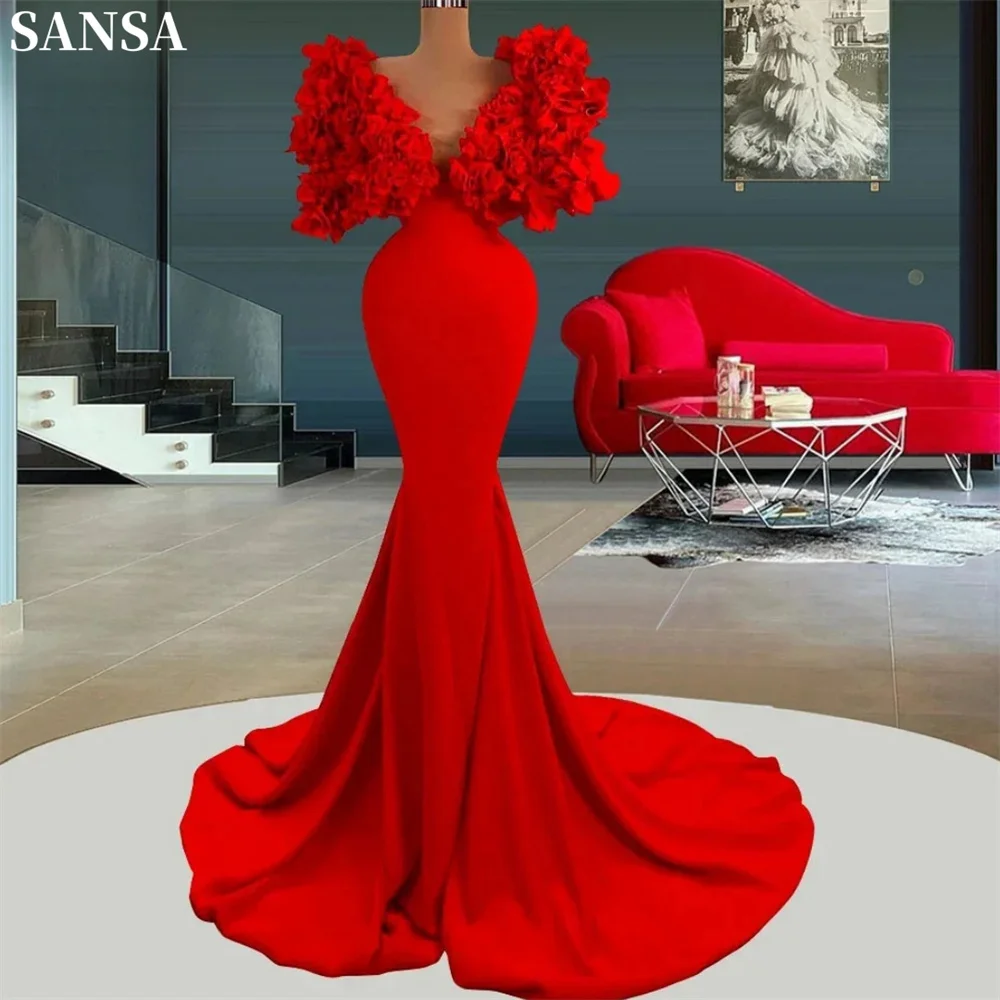 Sansa Luxury A-line Red Butterflymeshfabric Eveing Dress Floor-Length V Neck Wedding Dresses 3D Floral vestidos de fiesta 2024