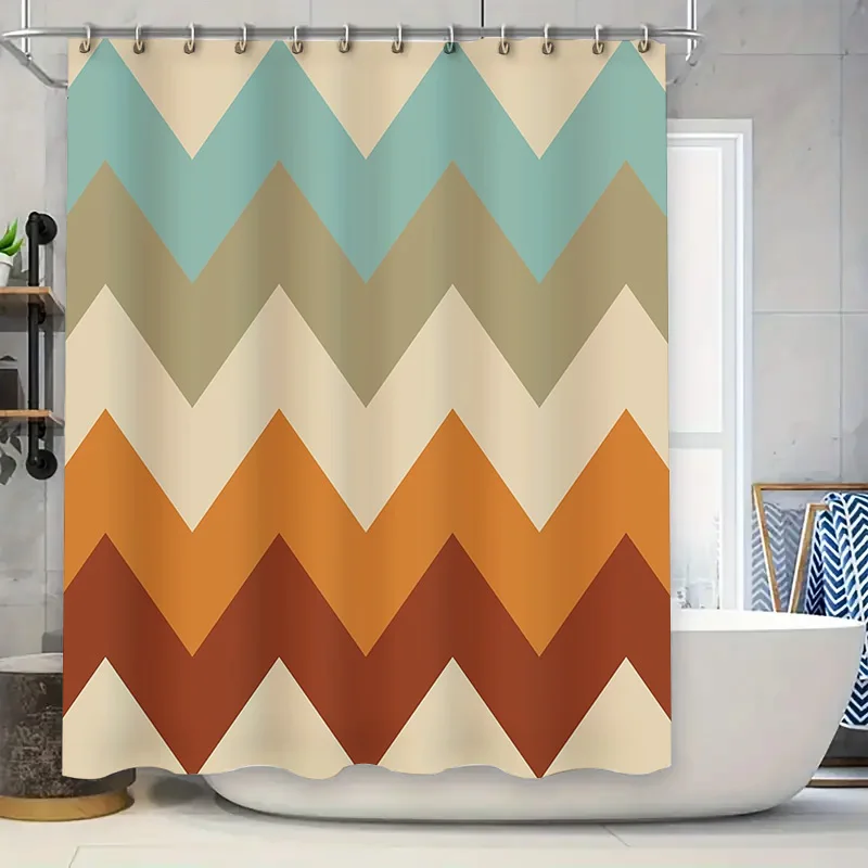 

Shower Curtain Waterproof Farmhouse Coastal Blue Beige Stripe Pattern Fabric Decor Bathroom Set