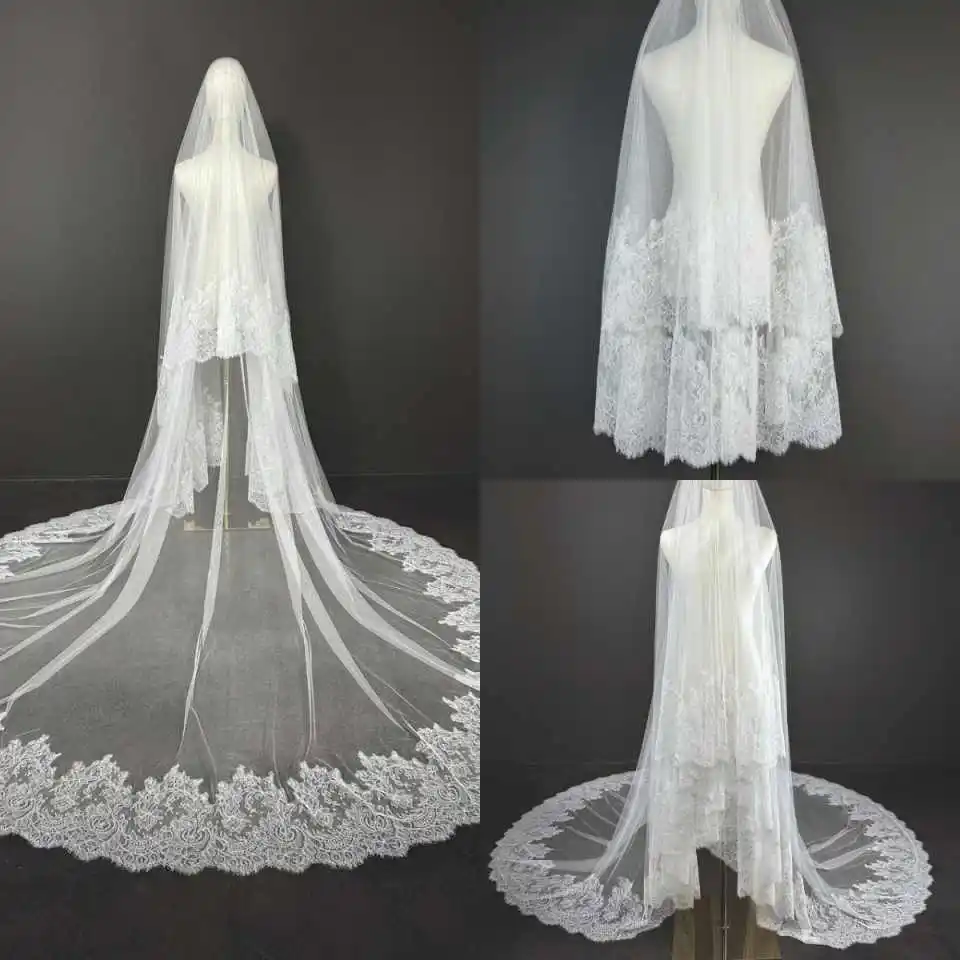 

Elegant Appliques Wedding Veil 3 Meters White Ivory 1 Layer Bridal Veil with Comb Lace Blusher Bride Headpiece Accessories