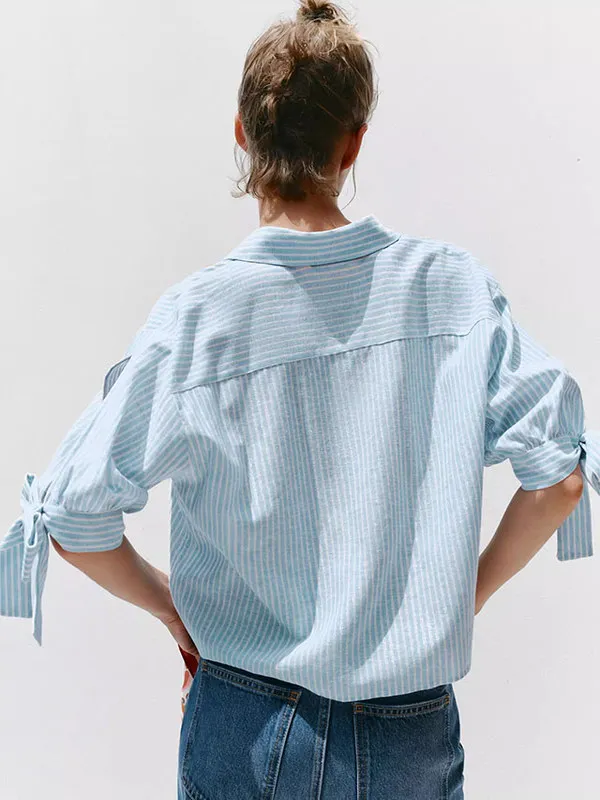 Faionable Linen irt para mujer con nudo diseño a rayas nueva llegada temporada de otoño ort prendas de vestir exteriores Ne
