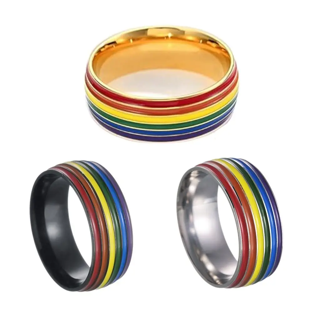 Stainless Steel Multicolour Rainbow Rings Enamel Wide Flat Unisex Couple Rings Thick Rainbow Stripe Finger Knuckle Bands Woman