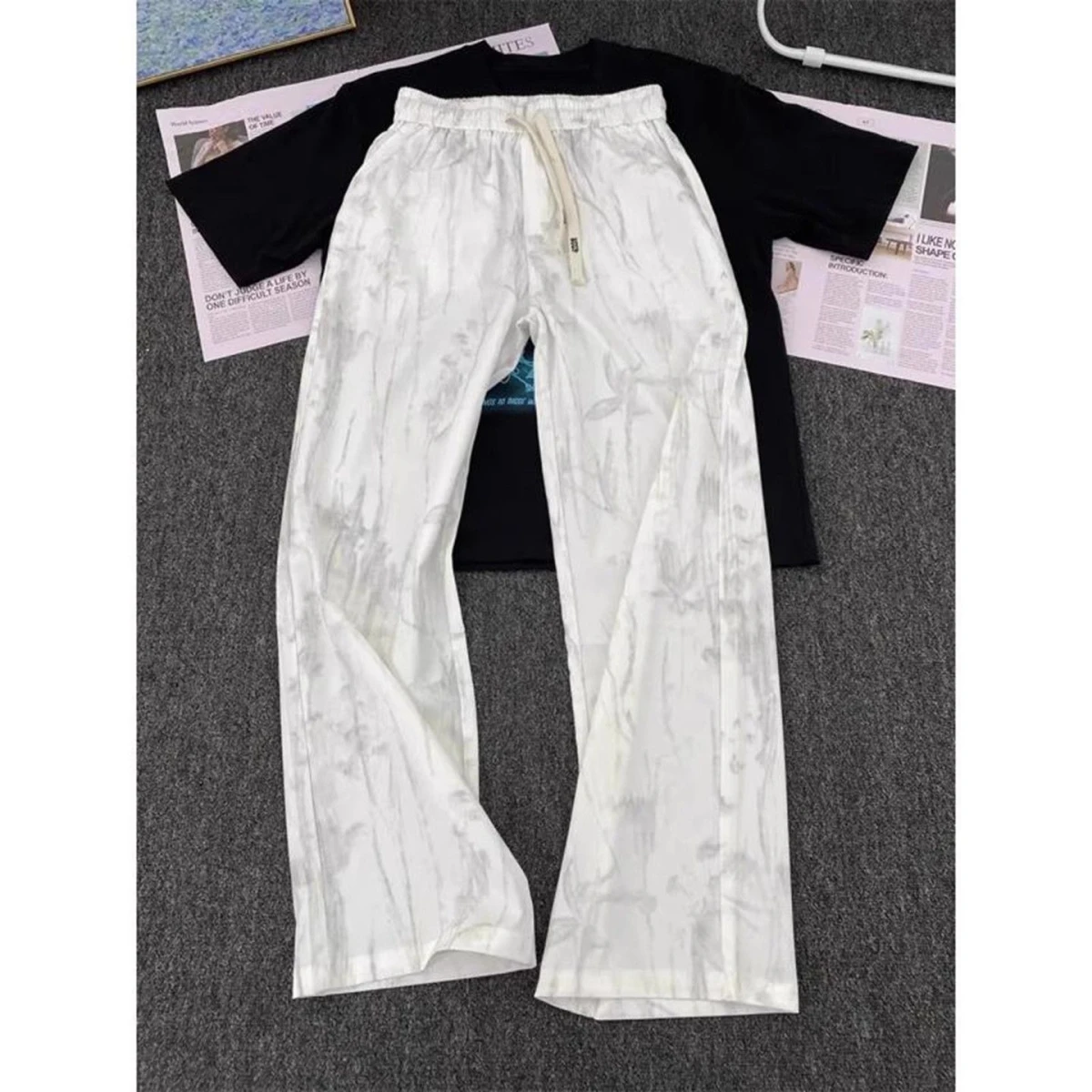 

Мужские летние тонкие брюки из ледяного шелка с завязками, повседневные, прямого кроя, свободные, в американском стиле, широкие, быстросохнущие, с эффектом тай-дай