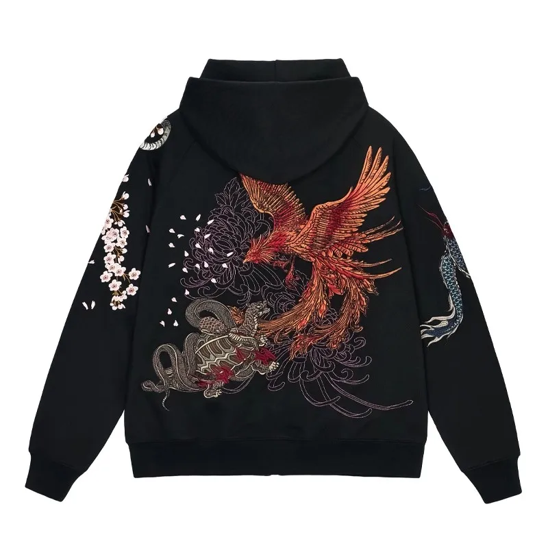 SALE!!! Men Boys Autumn Loose 4 Beasts Black Dragon White Tiger Phoenix Suzaku Snake Turtle Embroidered Hoodies