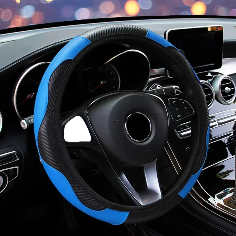 Car 37-38.5cm Steering Wheel Cover Breathable Anti Slip PU Leather Steering Covers Suitable Auto Decoration Carbon Fiber