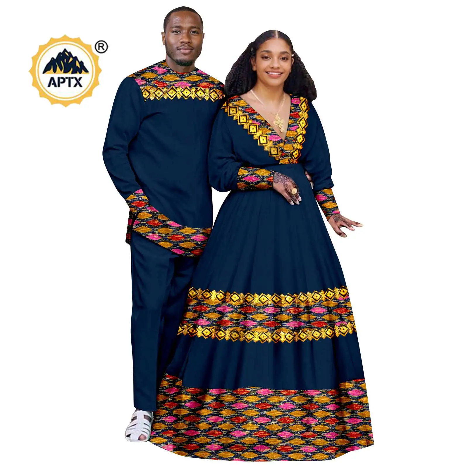 

African Appliques Clothes Women Long Tutu Dresses Matching Couple Outfits Men Top and Pants Sets Dashiki Party Wedding 24C086